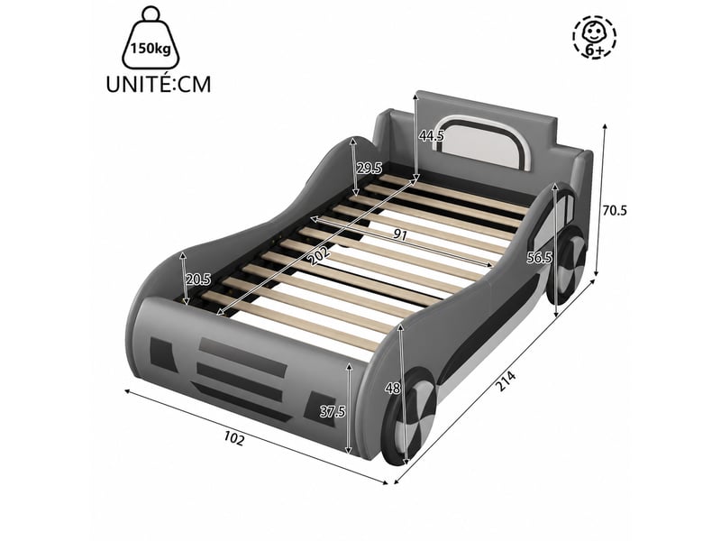  Lit voiture enfant en mdf et pu, lit simple avec coffre hydraulique et sommier, 90x200 cm, sans matelas, gris  - Conforama D