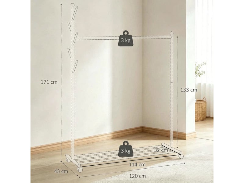  Portant à vêtements mobile, roulettes, étagère à chaussures, 5 crochets  - Conforama C