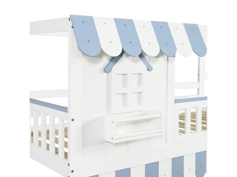 Lit superposé blanc et bleu 90×200 cm, pin, mdf, contreplaqué, escalier avec rangement, fenêtres et sommier à lattes - Conforama E