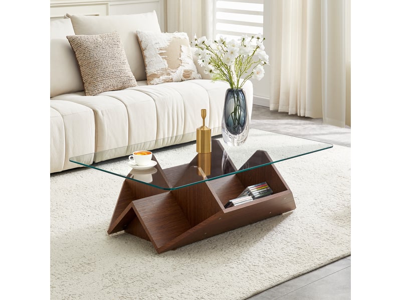  Table basse 103x63x33,5 cm - plateau verre trempé - structure mdf noyer - rangements multiples compartimentés - pour salon, bureau - noyer BUYDEEMEUS - Conforama B