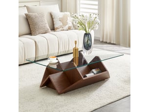 Table basse 103x63x33,5 cm - plateau verre trempé - structure mdf noyer - rangements multiples compartimentés - pour salon, bureau - noyer