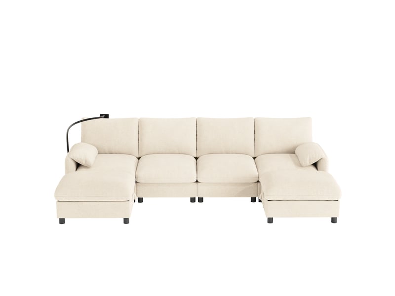  Canapé modulaire 6 places en chenille beige, canapé d’angle en u ou en l avec deux poufs de rangement et ports usb type-c  - Conforama A