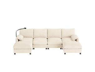 Canapé modulaire 6 places en chenille beige, canapé d’angle en u ou en l avec deux poufs de rangement et ports usb type-c
