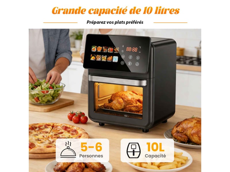  Four air fryer électrique 10l noir mat, écran tactile intelligent 12 programmes, fenêtre transparente, 80-200°c, 1-60 min, 5-6 personnes  - Conforama D