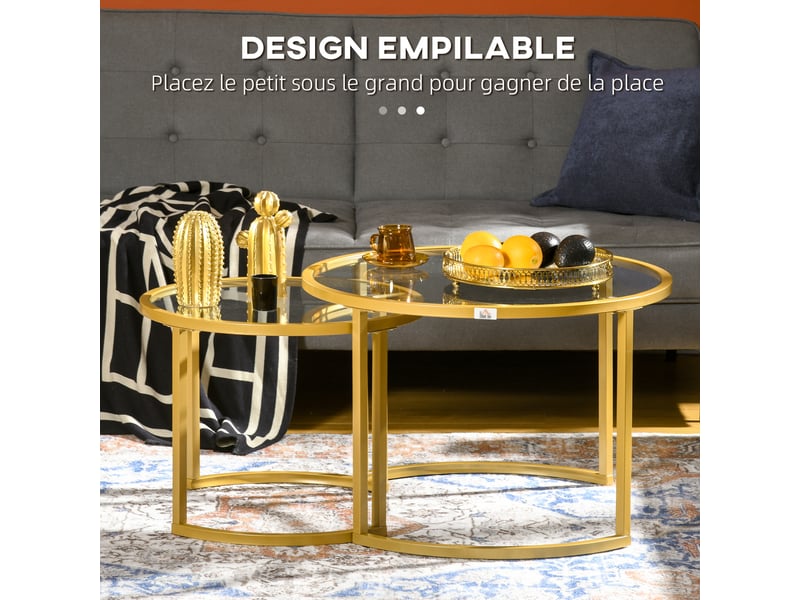  Lot de 2 tables basses gigognes rondes plateau trempé verre et pied en acier au carbone doré  - Conforama D