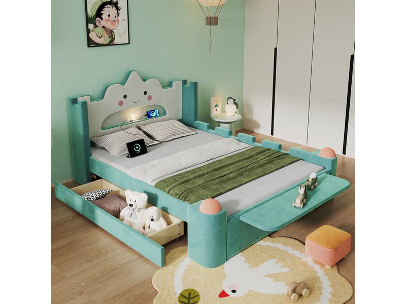  Lit enfant 1 place 140×200 cm led, usb, tiroir et tablette rabattable  - sans matelas velours bleu-vert  - Conforama B