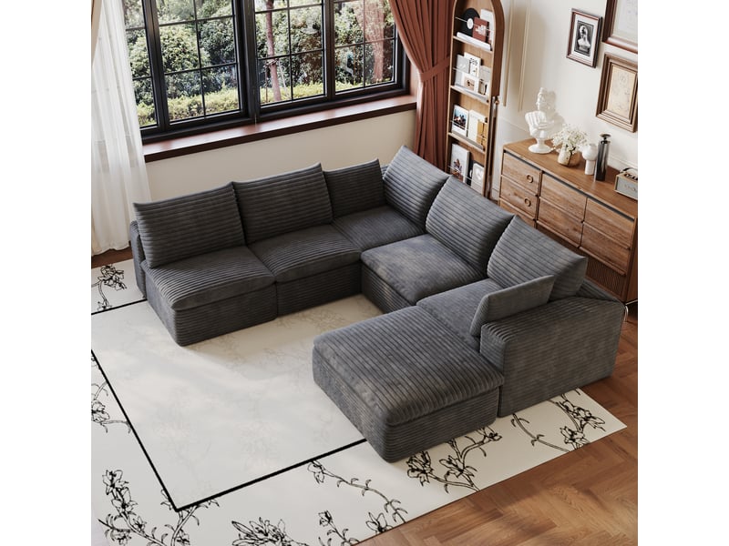 Grand canapé nuage en velours côtelé 6 places gris foncé, design double couche avec housse amovible, 260x250cm, confort optimal pour le salon. - Conforama W