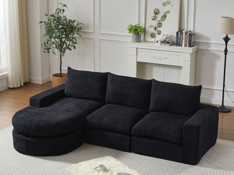  Canapé d’angle modulable 3 places en tissu chenille, méridienne réversible, 250 × 160 × 80 cm, noir  - Conforama B