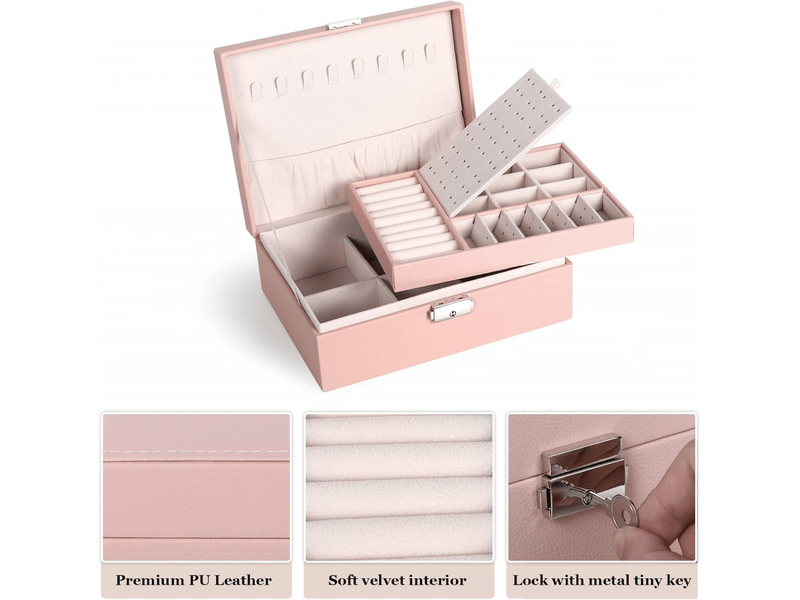  Boîte à bijoux pour femme, coffret à bijoux en cuir verrouillable de 2 couches organisateur à bijoux, petit jewelry stockage cas rangement(rose)  - Conforama D