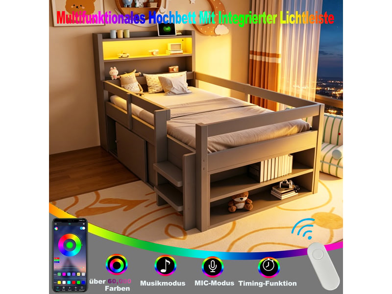  Lit mezzanine enfant simple 90×200 cm avec rangements, led et usb - okmyhome- gris, sans matelas, bois  - Conforama E