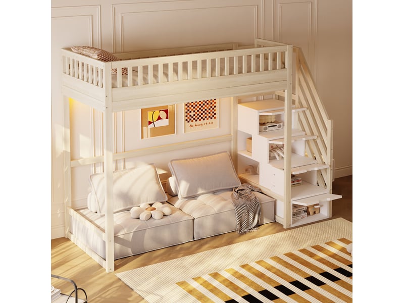  Lit mezzanine, 90x200 cm, escalier aménagé, barrière, lit simple avec led, matelas non inclus, bois, coloris naturel  - Conforama E