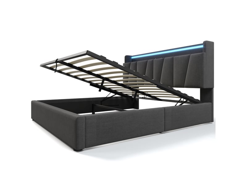Lit coffre adulte 160x200 cm – gris – led rgbw, usb-c, avec tête de lit rangement et matelas inclus - Conforama D