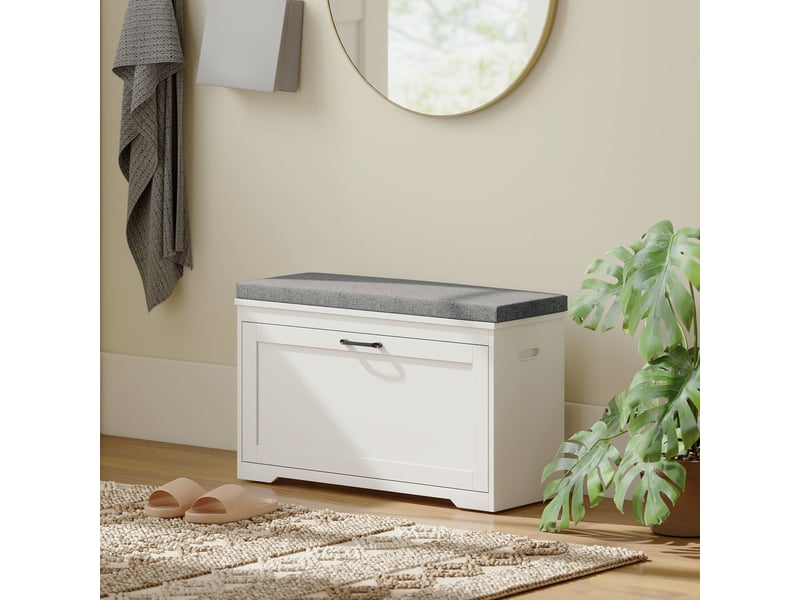  Banc à chaussures, banc d'entrée moderne avec siège rembourré, tiroir basculant et étagère ajustable, 80x30x50cm, blanc  - Conforama D