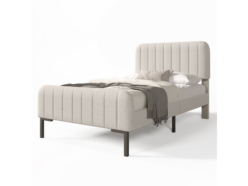  Lit rembourré 90x190 cm beige-gris en lin avec tête de lit réglable et sommier à lattes  - Conforama D