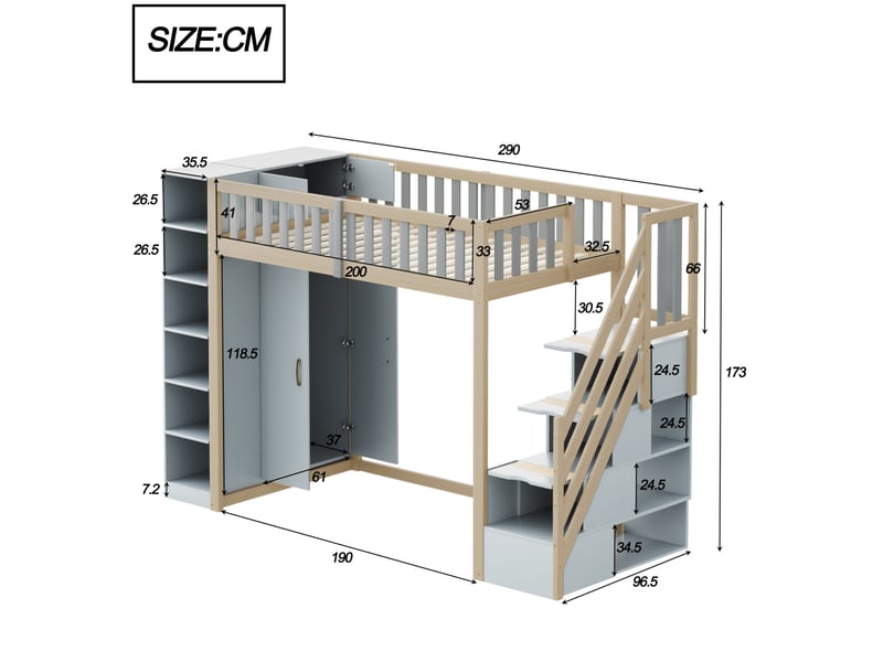  Lit mezzanine 90x200 cm rangement dressing, escalier sécurisé, 15 lattes bois gris et bois naturel sans matelas  - Conforama C