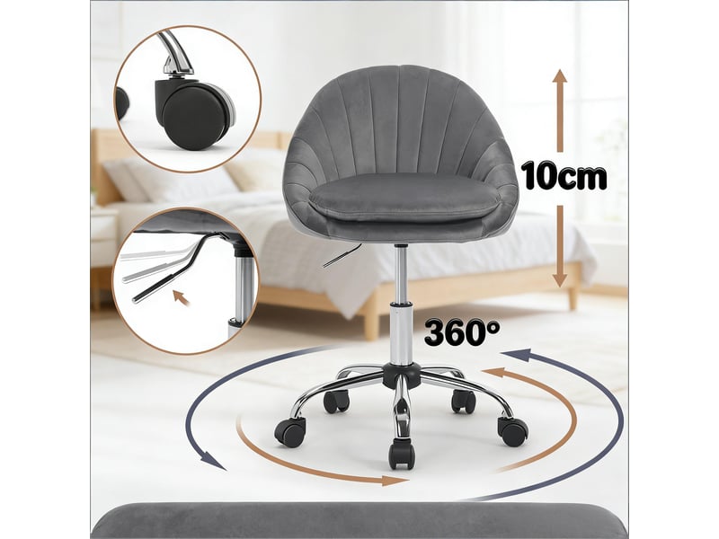  Chaise de bureau ergonomique réglable en hauteur, pivotante à 360° avec roulettes en velours gris foncé  - Conforama C