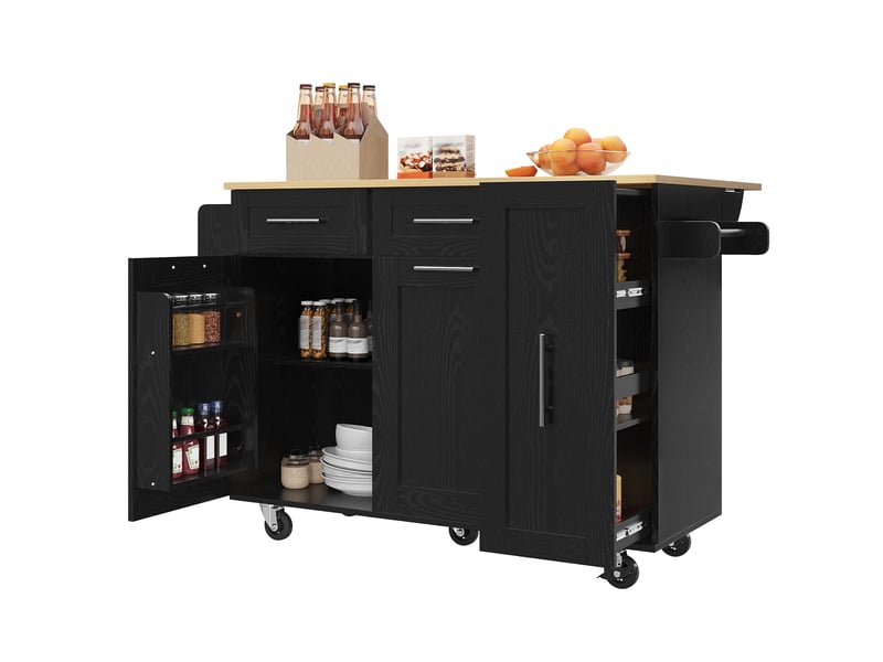  Îlot central de cuisine 110 x 4674 x 90.5 cm, avec plateau rabattable, étagères de rangement et roulettes, noir  - Conforama A