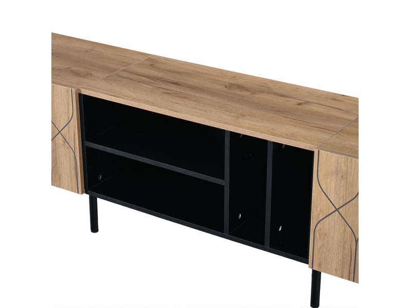  Meuble tv avec 2 portes sans poignées, 4 niches et passe-câbles pour salon, noir et bois naturel, 180 × 40 × 50 cm  - Conforama E