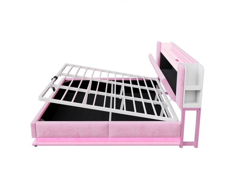  Lit coffre 180 x 200 cm avec rangement hydraulique, led et usb, lit double rembourré en velours rose avec rangement intégré dans la tête de lit  - Conforama E