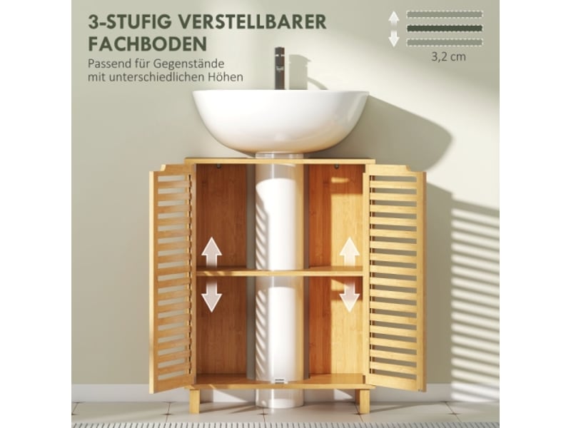  Meuble sous lavabo naturel en bambou avec portes à lattes et étagères réglables  - Conforama D