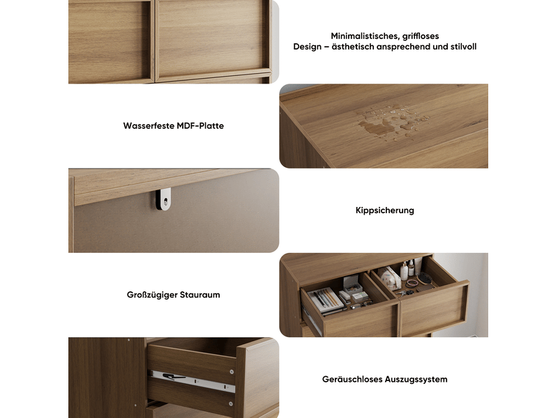 Commode 80x48x127 cm, 6 tiroirs, grand rangement, buffet, sans poignées, meuble cuisine, mdf, aggloméré, couleur chêne  - Conforama E