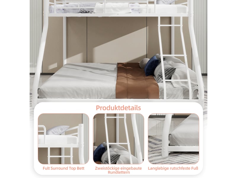  Lit superposé métal - 90x190-140x190cm - échelle inclinée sécurisée - garde-corps 31,5cm - blanc  - Conforama B