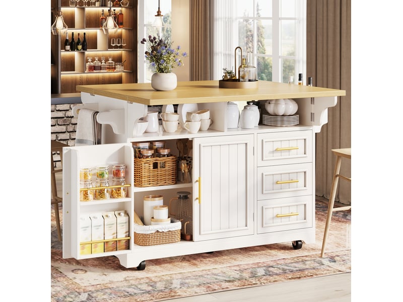  Desserte 2 portes 3 tiroirs - îlot de cuisine mobile à plateaux rabattables 120x40x95 cm mdf blanc effet chêne  - Conforama W