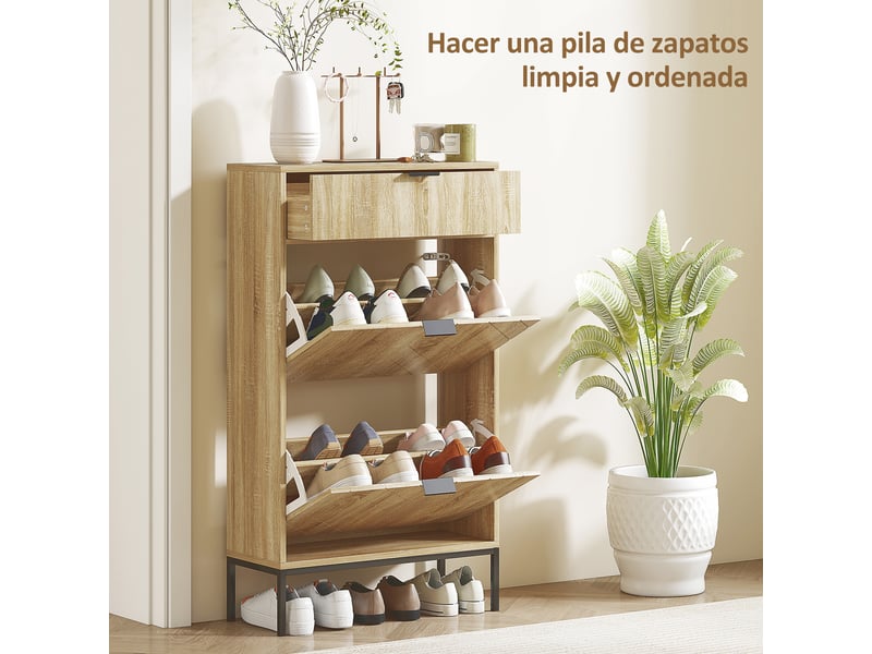  Meuble à chaussures étroit à 2 portes, tiroir et étagères réglables pour 8 paires de chaussures, 60 x 24 x 105,5 cm, chêne  - Conforama E