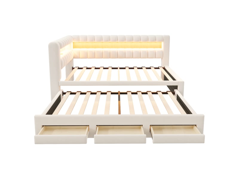 Canapé-lit 90 x 190 cm – avec lit gigogne – avec 3 tiroirs – avec éclairage led – avec port de charge usb – beige (matelas non inclus)  - Conforama W