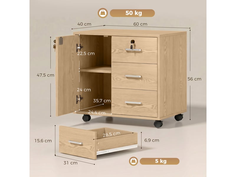  Caisson bureau meuble de rangement verrouillable avec 3 tiroirs et étagère réglable, roulettes, marron clair, 40 x 60 x 56 cm  - Conforama C
