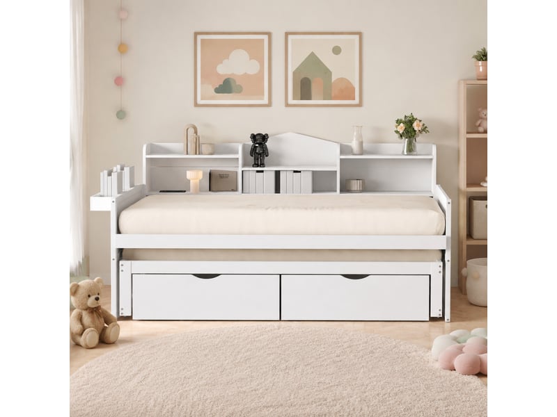 Canapé convertible lit gigogne avec deux tiroirs coffre de rangement panier latéral et prise usb en bois blanc - Conforama B