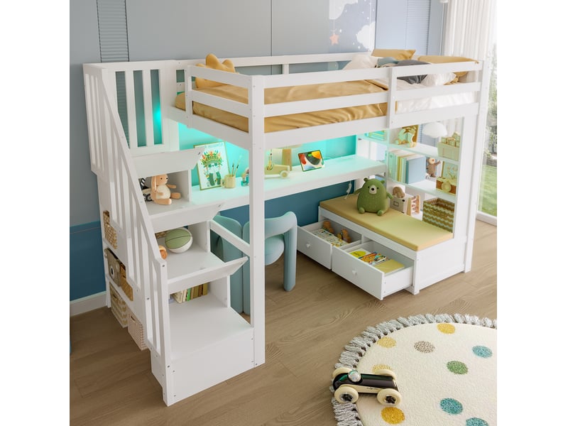  Lit mezzanine 90x200 cm avec bureau, étagères, tiroirs et escalier de rangement en mdf et bois blanc matelas non inclus  - Conforama E