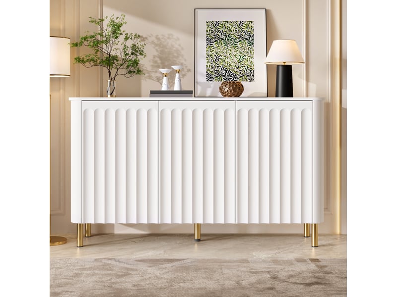 Buffet blanc 3 portes en mdf, pieds métal cylindriques, reliefs verticaux et angles arrondis, rangement sans étagères - Conforama E