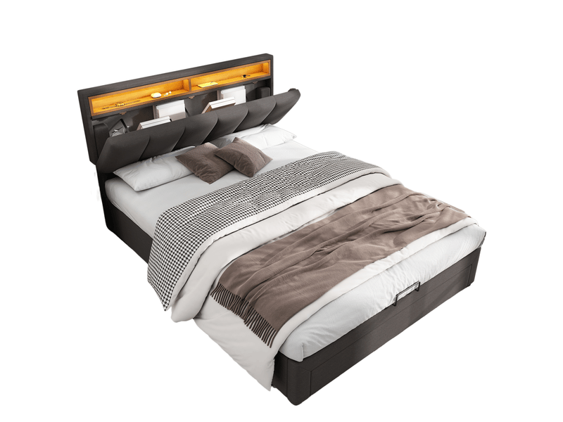  Lit double avec rangement et éclairage led gris 140 x 200 cm  - Conforama A