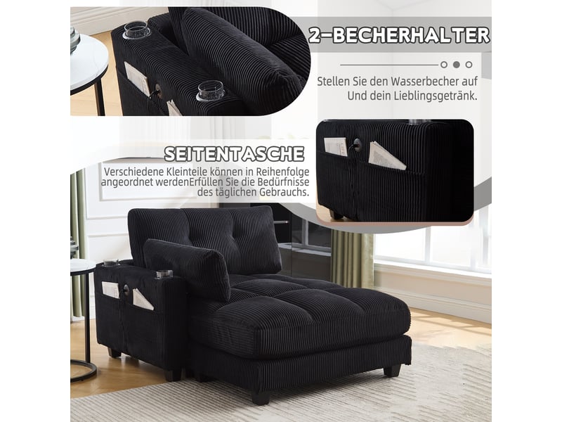  Canapé en velours côtelé noir avec accoudoirs réversibles et coussins réglables pour la tête  - Conforama E