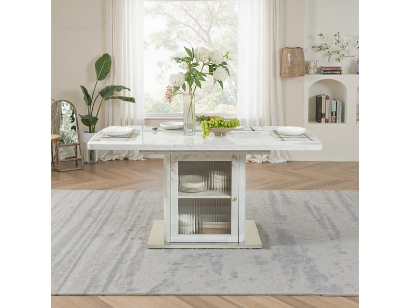  Table à manger extensible 120-160 x 80 cm avec meuble de rangement intégré, plateau mdf effet marbre blanc, porte vitrée et base métal  - Conforama C