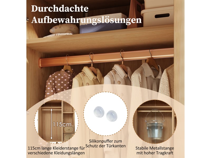  Armoire chambre 120x48x161 cm - penderie 2 portes, 2 tiroirs, étagères ouvertes, cannage rotin, effet chêne  - Conforama E