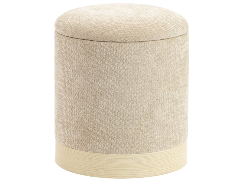  Pouf coffre rangement, tabouret rond en chenille, beige, pouf repose-pieds avec base en métal effet bois  - Conforama B