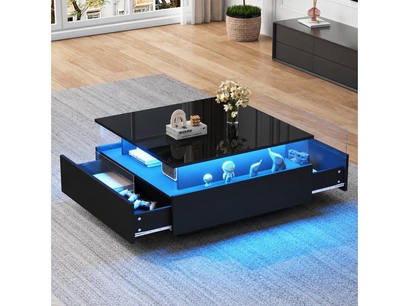  Table basse led noire pour salon, 70 x 70 x 41 cm, 2 tiroirs, plateau brillant, noir  - Conforama C