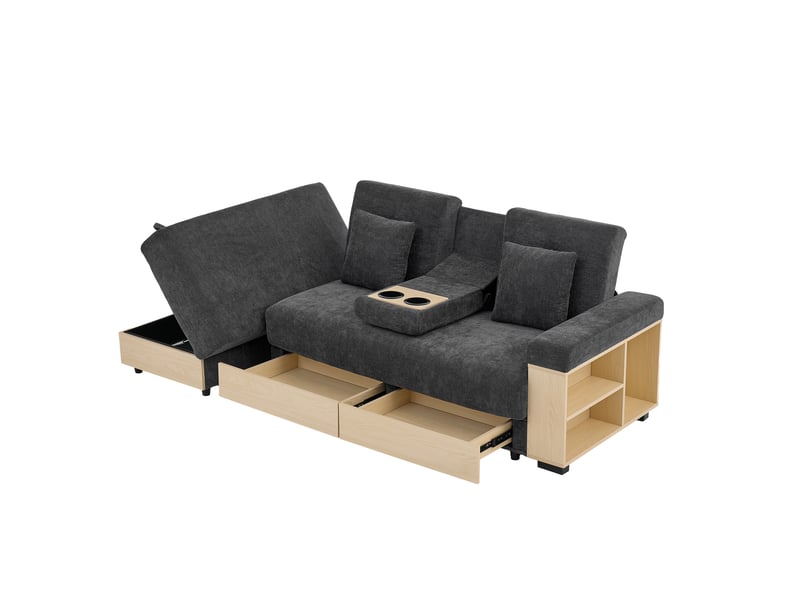  Canapé convertible, canapé-lit, en tissu chenille, gris, porte-gobelets, dossier réglable 3 positions, avec pouf, pour salon, 217 cm  - Conforama D