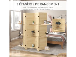 Paravent intérieur 4 panneaux 160l x 170h cm 3 étagères pliables séparateur de pièce persiennes portes naturel