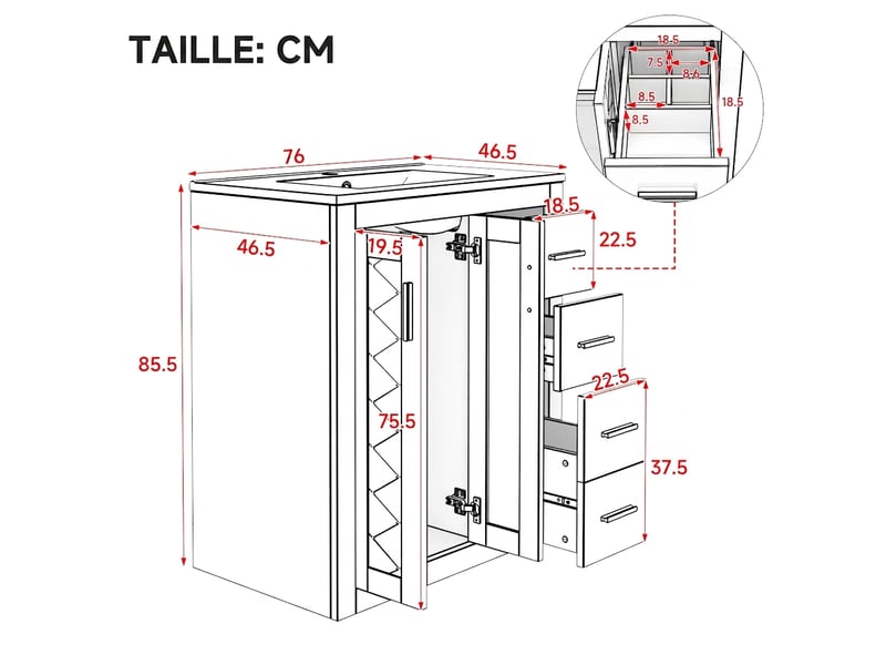 Meuble vasque noir 76 cm avec vasque en céramique, 3 tiroirs et rangement au sol - Conforama C