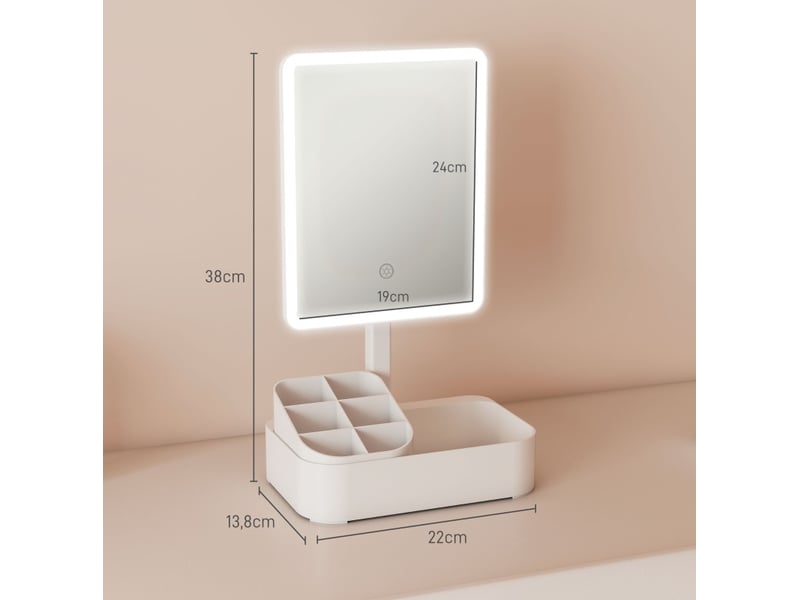  Miroir lumineux de salle de bain rechargeable avec rangement et rotation 180°, plastique blanc 22 × 13,8 × 38 cm  - Conforama D