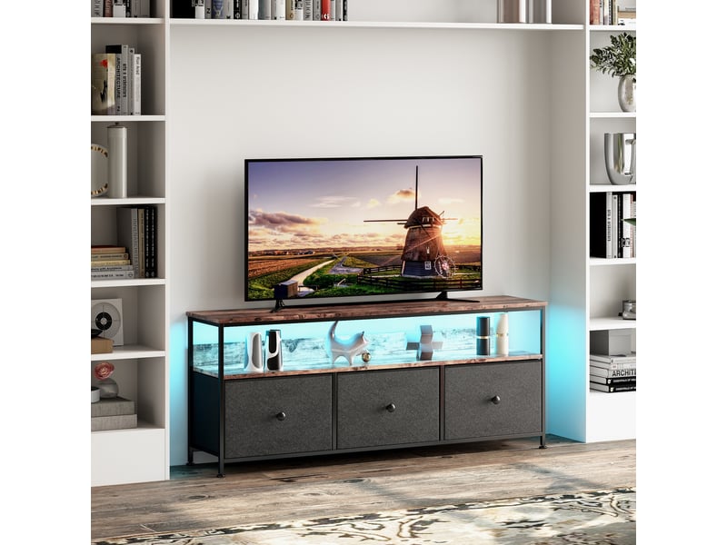 Meuble tv multimédia avec led - buffet led - design rétro chic - tiroirs en tissu noir - 108cmx30x57cm - marron - Conforama B