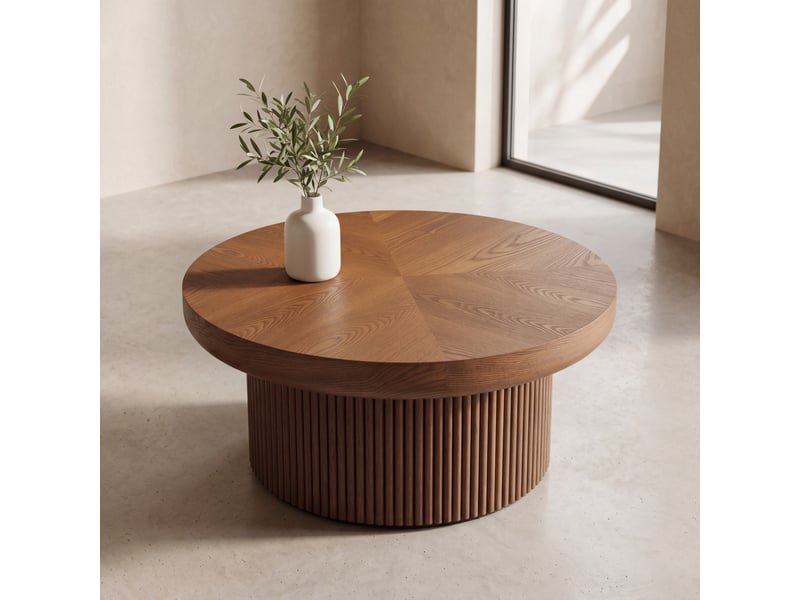  Table basse ronde 78x78x38,5 cm - avec plateau en parquet de bois véritable enchâssé et piétement tambour cannelé – mdf - noyer  - Conforama D