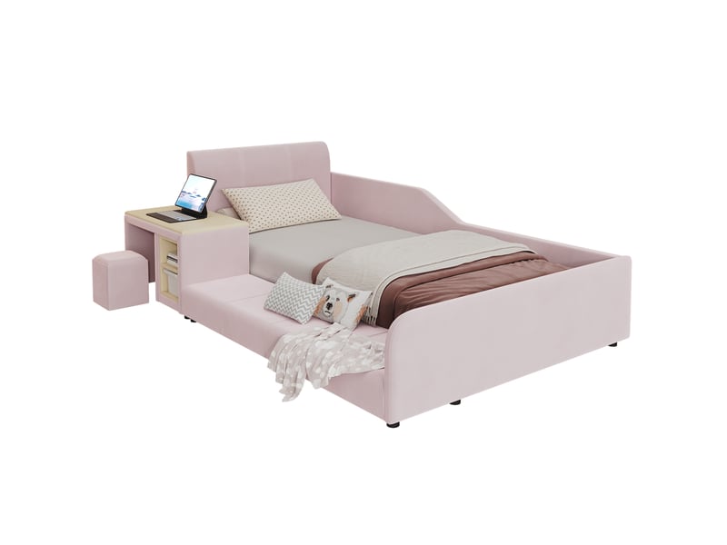  Lit enfant rembourré avec bureau, tabouret et tablette, rose, 90 × 200 cm  - Conforama A