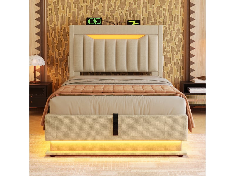  Lit capitonné 90x200 cm avec coffre de rangement, led, ports usb et tête de lit étagère, lin beige  - Conforama R