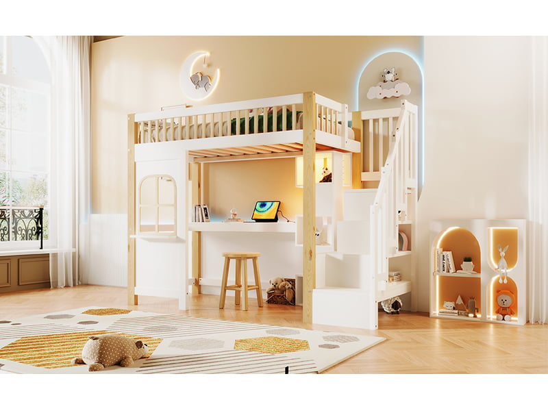 Lit mezzanine tcqpz 90 x 200 cm avec led, forme fenêtre, échelle de rangement, étagère ouverte, bureau, prise, blanc et naturel - Conforama D