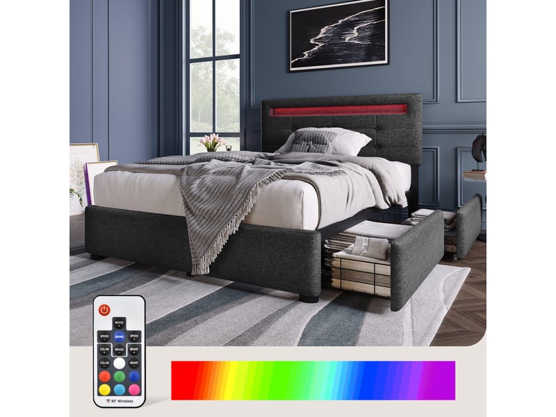 Lit enfant 90x200 cm, led, tiroirs, rangement, tête de lit réglable, sommier, lin gris, sans matelas - Conforama D