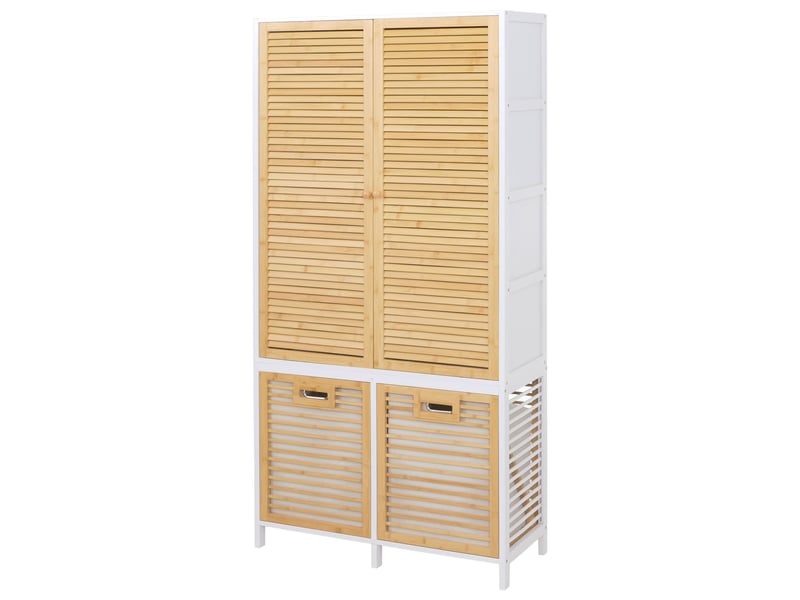 Armoire de salle de bains en bambou hwc-n83, étagère de salle de bains, 2 paniers à linge, portes mvg 168 x 82 x 34 cm - blanc naturel, panier naturel  - Conforama E